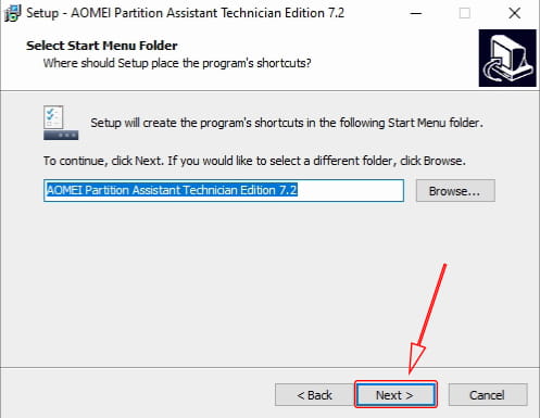 Select Start Menu Folder Shortcut AOMEI