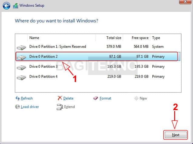 Memilih partisi tempat install Windows 10