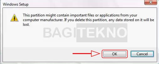 Konfirmasi menghapus partisi Windows sebelumnya