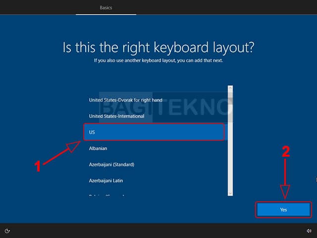 Pilih tipe keyboard pada konfigurasi Windows 10