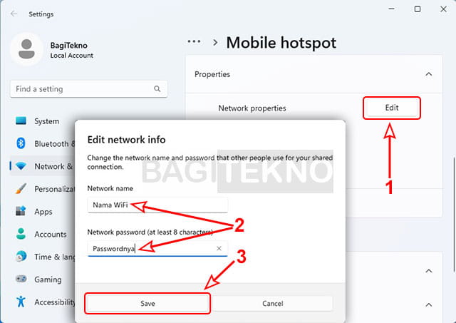 cara mengganti nama WiFi dan password hotspot Windows 11
