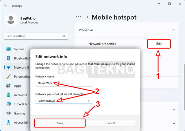 cara mengganti nama WiFi dan password hotspot Windows 11