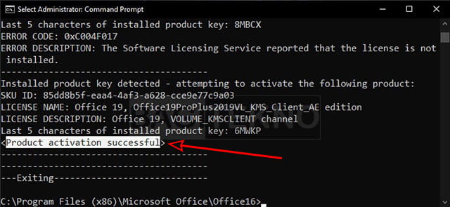 aktivasi Office 2019 dengan CMD berhasil