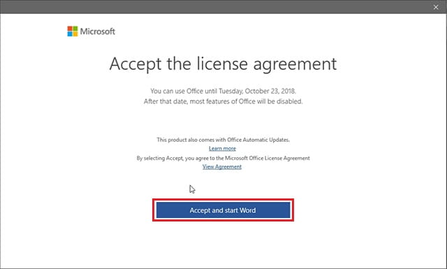 License agreement Office 2019
