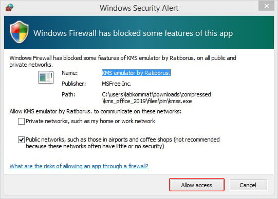 Allow Windows Security Alert saat aktivasi Microsoft Office 2016