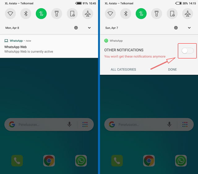 Cara mematikan notifikasi WhatsApp Web is currently active melalui panel notifikasi Android