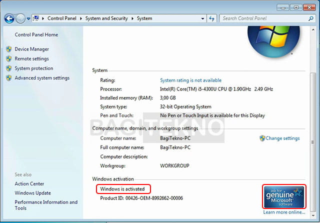 mengecek status aktivasi Windows 7 melalui Control Panel