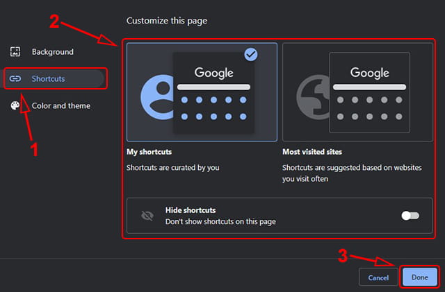 Mengatur shortcut Google Chrome, ditampilkan atau disembunyikan