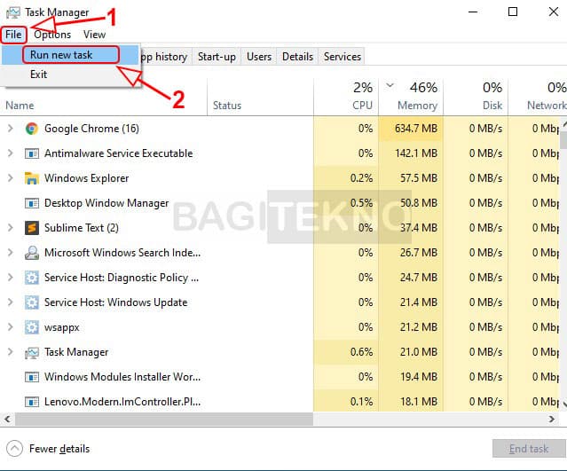 Buka Command Prompt menggunakan task Manager