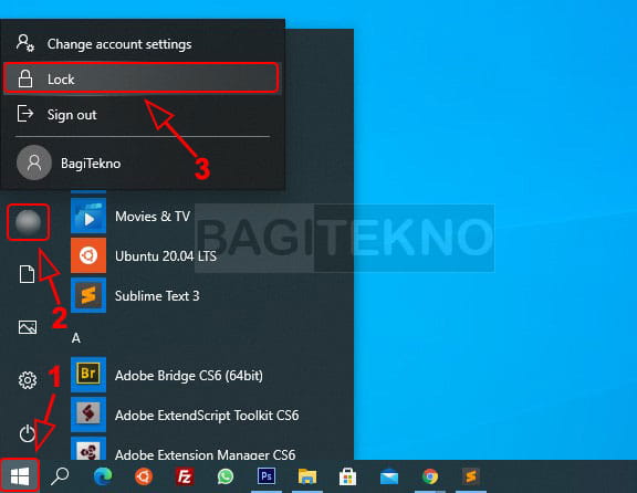 Mengunci layar Windows 10 melalui Start Menu