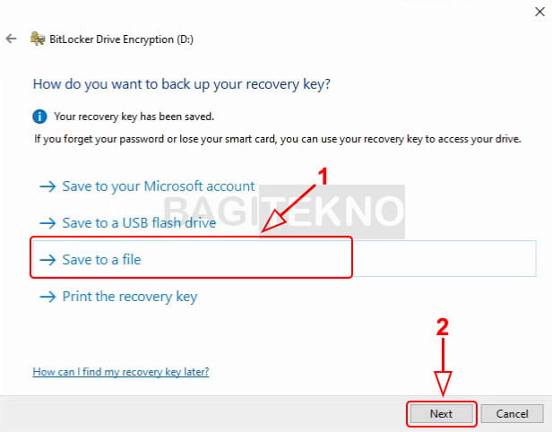 Memilih jenis file recovery BitLocker