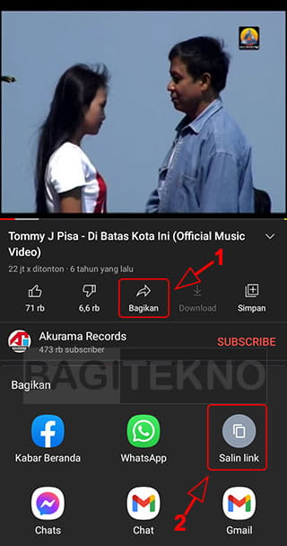 Copy link YouTube di Android
