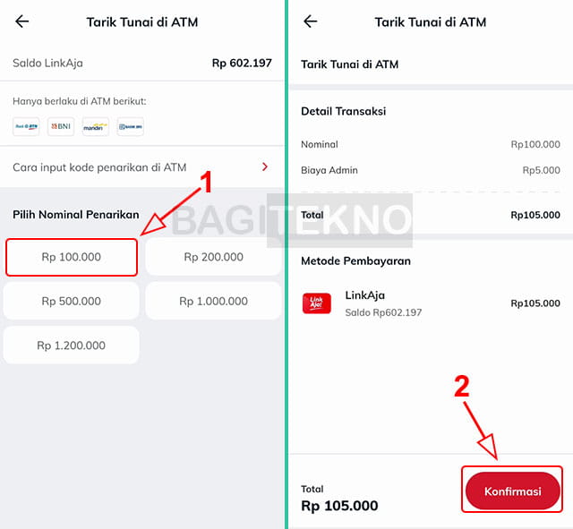 Pilih nominal saldo LinkAja yang ingin ditarik tunai lewat ATM