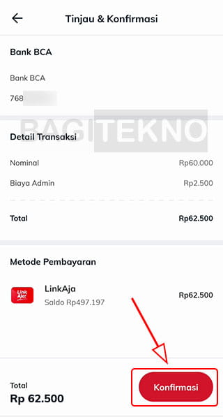 Konfirmasi proses transfer saldo akun LinkAja ke rekening bank