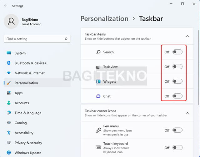 cara menghapus icon widgets, chat, search, dan task view dari taskbar windows 11