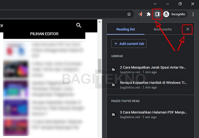 menutup panel reading list google chrome