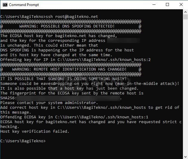 error Possible DNS Spoofing Detected atau Remote Host Identification Has Changed saat akses ssh di cmd