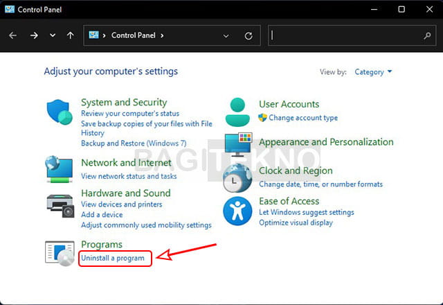 lihat daftar aplikasi melalui control panel