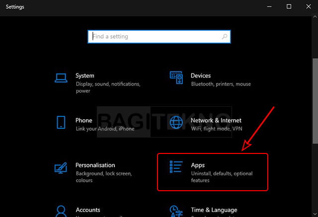 buka daftar aplikasi di settings