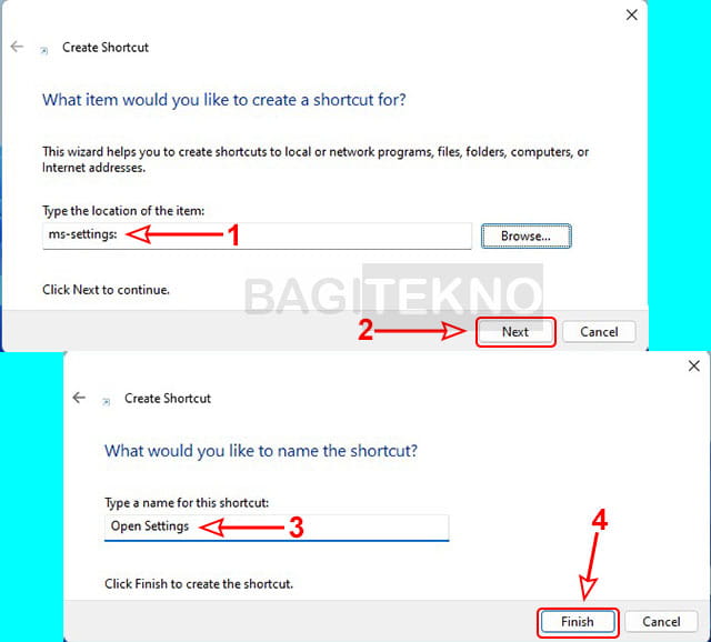 cara membuat shortcut untuk membuka settings di Windows 11