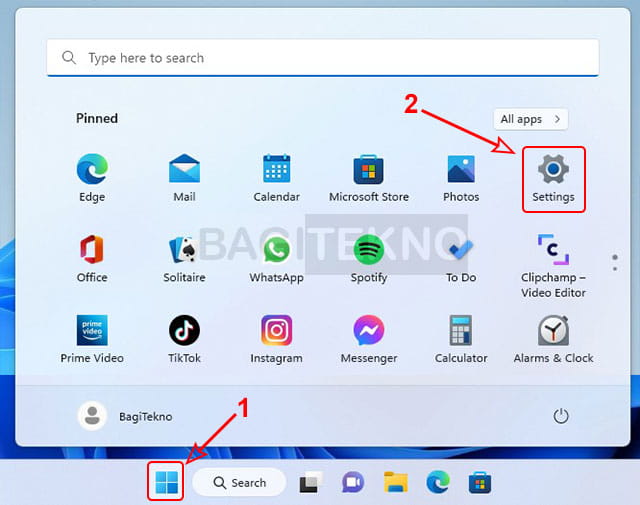 Cara membuka Settings melalui Start Menu