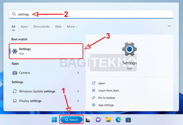cara membuka aplikasi Settings di Windows 11 melalui pencarian