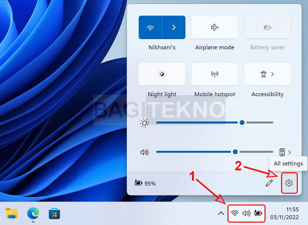 cara membuka setting Windows 11 melalui Quick Actions