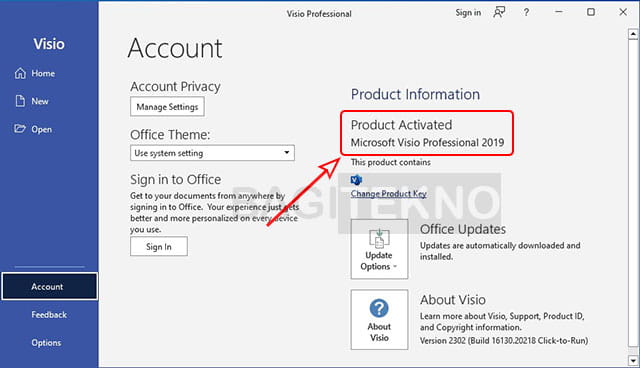 Mengecek status aktivasi Microsoft Visio 2019