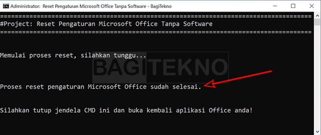 Office sudah selesai direset lewat CMD