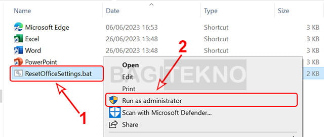 menjalankan file batch untuk reset pengaturan Office